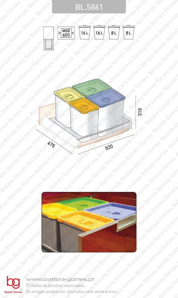 Sistema de baldes para lixo - Para gavet�es - M�d. 600 - 48L